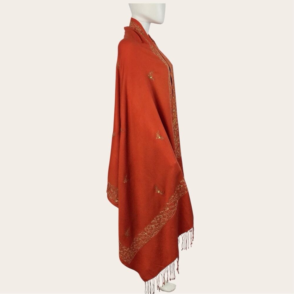 Pashmina Cashmere Blanket Scarf Wrap Orange Gold Embroidered Thread & Sequin - Picture 6 of 12